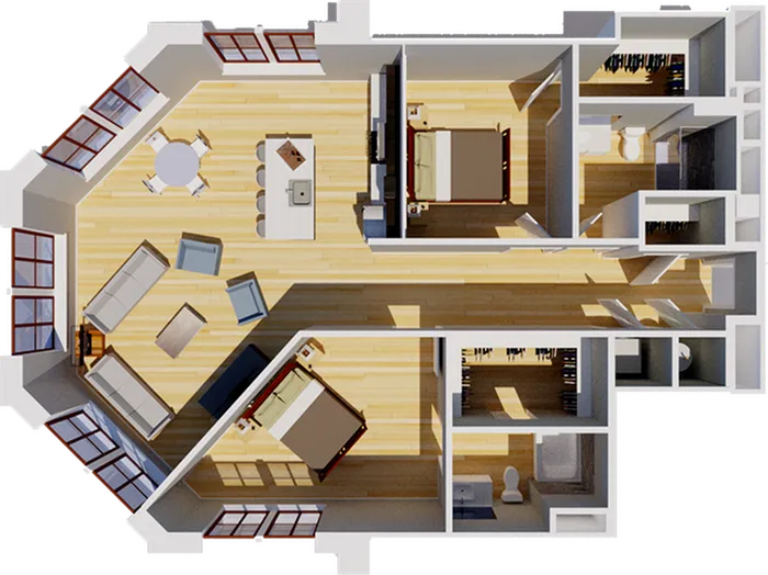 Elegant 3D floor plan showcasing 2 bedrooms, a spacious open-concept living area, dining nook, and modern kitchen.