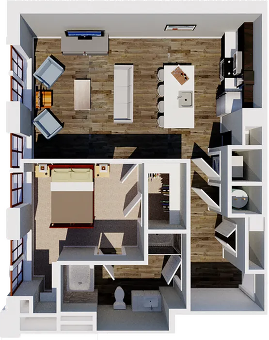 Modern 1-bedroom apartment floor plan showcasing open-concept living room and kitchen with stylish seating area, spacious bedroom, and elegant bathroom layout.