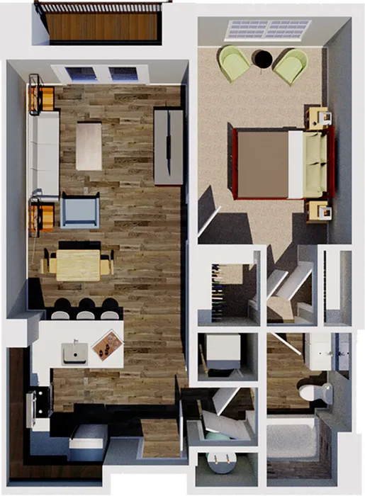 Modern floor plan showcasing a cozy 1-bedroom apartment with spacious living area, stylish open kitchen, and elegant bathroom.