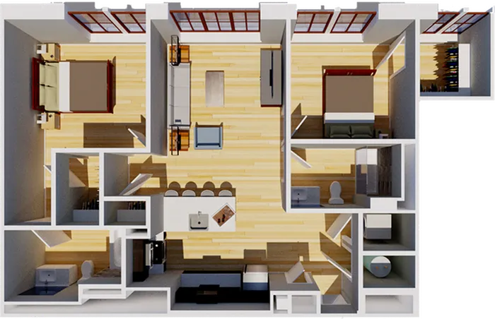 Elegant 3D floor plan featuring two cozy bedrooms, a stylish open living area, a modern kitchen with a breakfast bar, and two well-appointed bathrooms.
