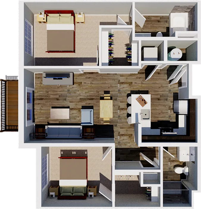 Modern 2D floor plan showcasing two elegant bedrooms, an open living room, stylish dining area, and a sleek kitchen design.