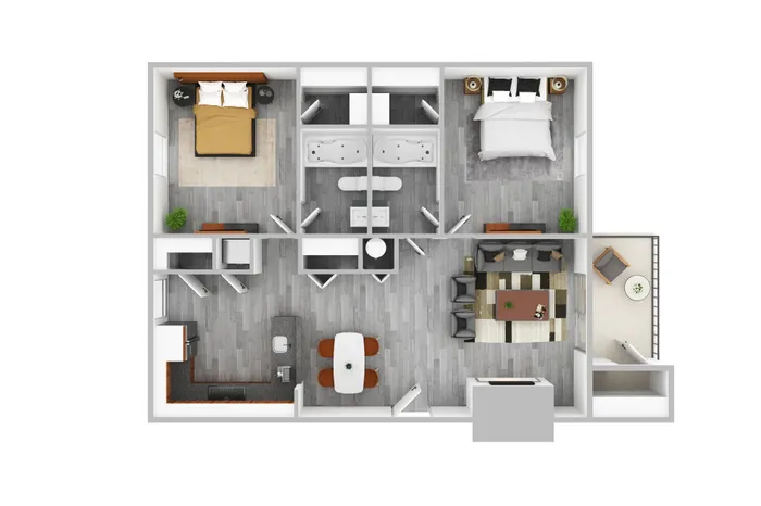 Modern apartment floor plan featuring 2 bedrooms, 2 bathrooms, open living and dining area, gourmet kitchen, and private balcony.