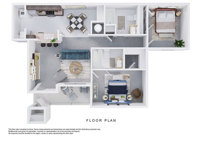 Modern floor plan showcasing an elegant apartment with two bedrooms, an open-concept living area, and a stylish kitchen with dining space.