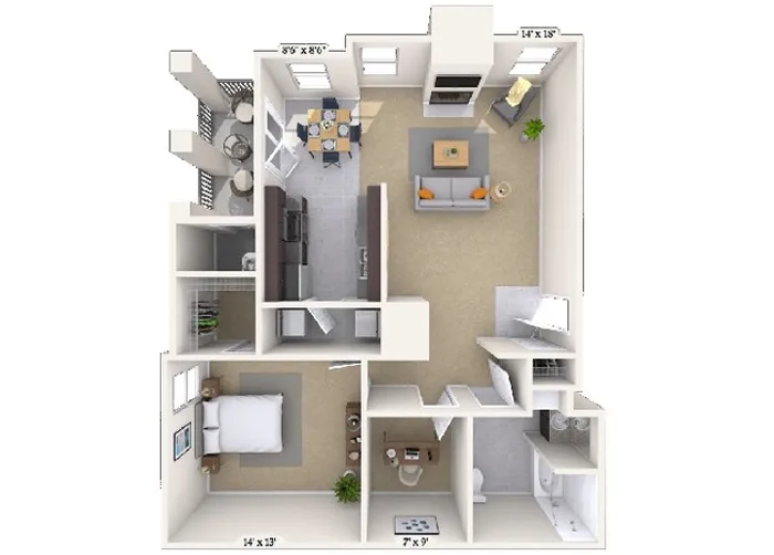Modern 3D floor plan featuring a spacious bedroom, cozy living area, open dining space, and sleek bathroom with balcony access.