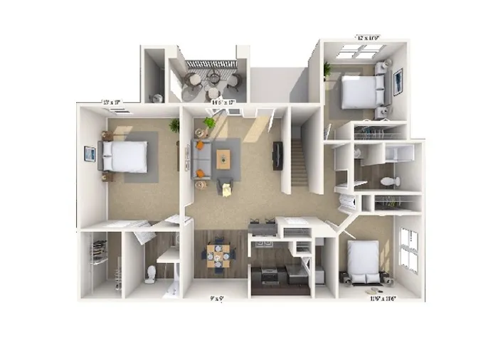 Inviting 3D floor plan showcasing 3 bedrooms, a cozy living area, modern kitchen, and a charming balcony space.