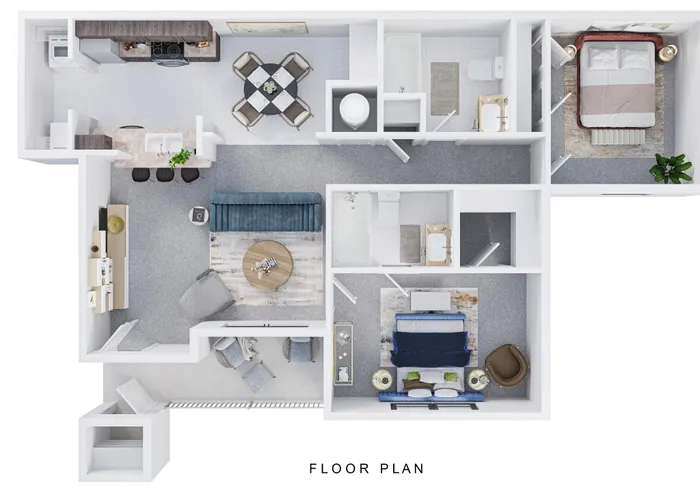 Charming 2-bedroom apartment floor plan featuring spacious living area, modern kitchen with dining set, and two elegant bathrooms.