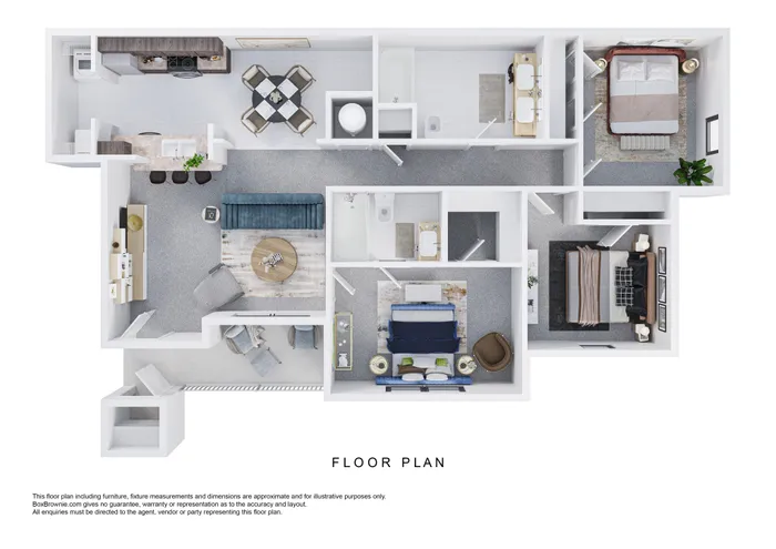 Modern floor plan featuring a spacious two-bedroom apartment with a stylish open-concept living area, elegant kitchen, and two luxurious bathrooms.