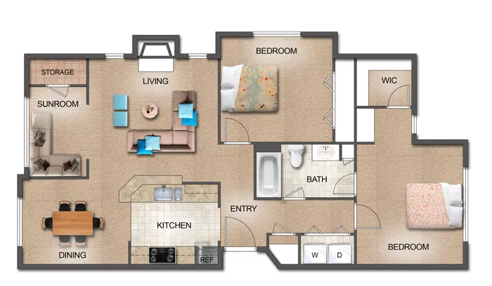 Modern apartment floor plan featuring 2 bedrooms, stylish sunroom, spacious living area, and elegant kitchen with dining space.