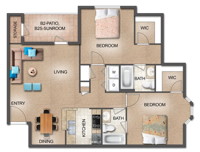 Charming apartment floor plan showcasing 2 bedrooms, a spacious living room, modern kitchen, dining area, and sunlit patio featuring a sunroom.
