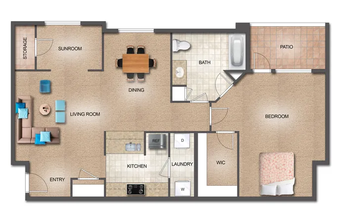 Contemporary apartment floor plan featuring one bedroom, spacious living room, sunroom, and patio. Includes modern kitchen, dining area, and convenient laundry space.