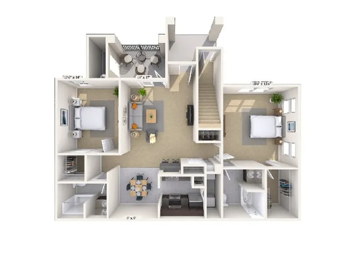 Chic 3D floor plan showcasing two spacious bedrooms, a modern open-plan living area, a well-equipped kitchen, and a cozy balcony.
