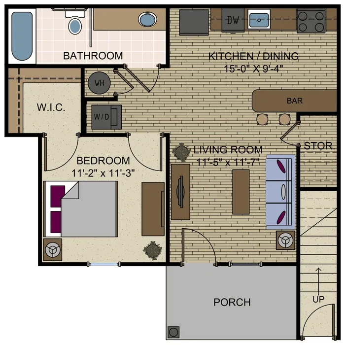 Charming floor plan featuring cozy 1-bedroom, sleek kitchen/dining area, inviting living room, and private porch.