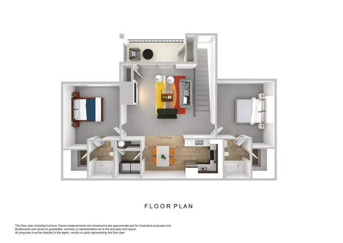 Modern 3D floor plan featuring 2 bedrooms, cozy living area, and a stylish kitchen with dining space.