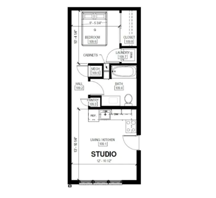 Elegant studio apartment floor plan featuring a separate bedroom, compact kitchen, cozy living area, and modern bath with convenient laundry and storage options.