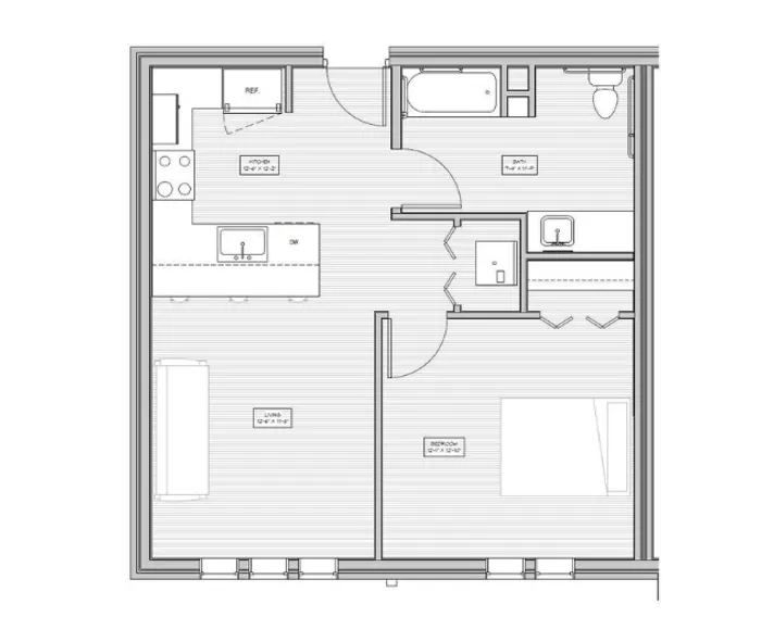 Contemporary floor plan showcasing 1 bedroom, a spacious kitchen, and inviting living area. Ideal for modern living.