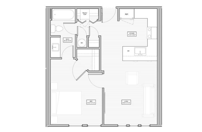 Modern 2D floor plan featuring a spacious bedroom, open kitchen with dining area, and elegant living room. Includes bathroom with washer/dryer space, perfect for comfortable living.