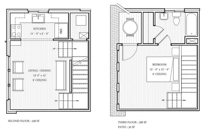 Chic multi-level floor plan showcasing a modern kitchen, open living/dining area, and spacious bedroom with elegant patio space.