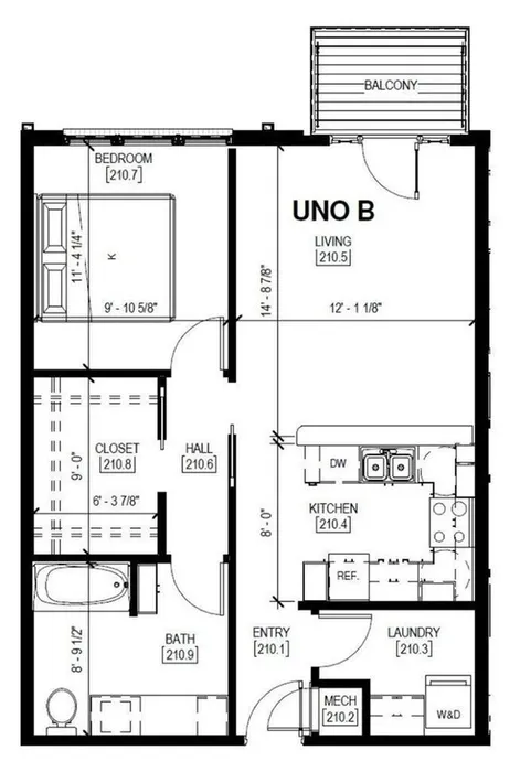 Modern UNO B floor plan with 1 bedroom, open living area, kitchen, and balcony, featuring efficient layout and ample closet space.