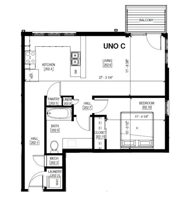 Smartly designed UNO C floor plan featuring a bedroom, modern kitchen, cozy living area, and private balcony.