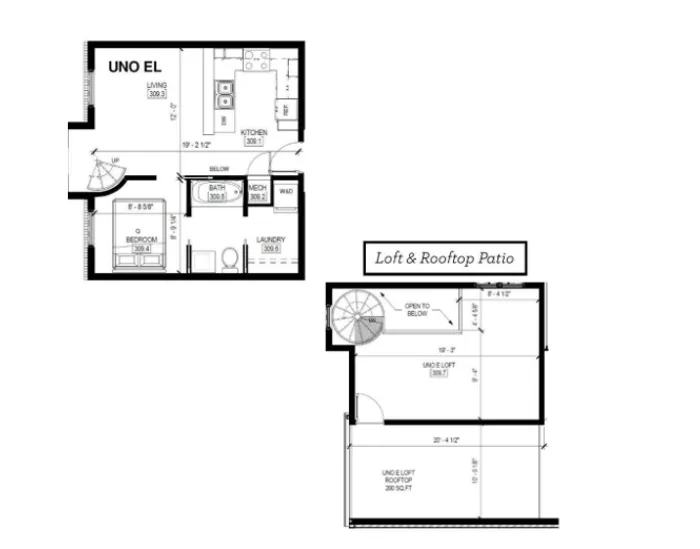Unique floor plan featuring a modern open-concept loft with rooftop patio, spacious bedroom, and efficient kitchen layout.