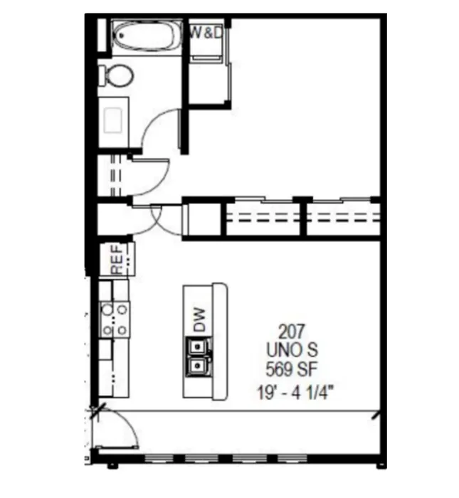 Modern 2D floor plan of a stylish apartment featuring an open kitchen, spacious living area, cozy bathroom, and efficient layout in 569 sq ft.
