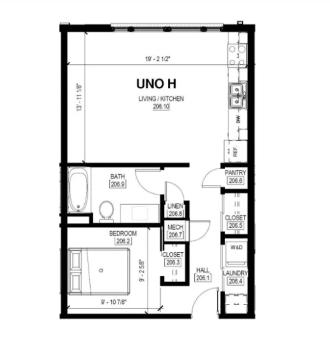 1 bedroom floor plan layout with open kitchen, storage, laundry