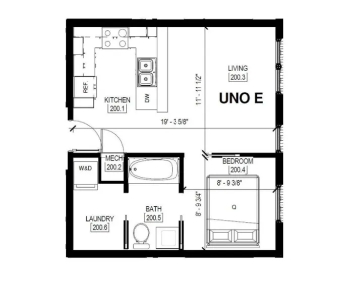 Elegant UNO E floor plan featuring one bedroom, open-plan living and kitchen area, and spacious bath; ideal for modern living.