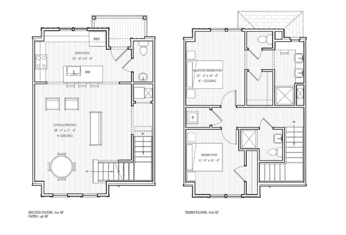 Elegant two-level floor plan featuring an open kitchen, spacious living and dining area on the second floor, with two cozy bedrooms including a master suite on the third floor.