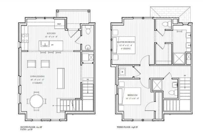 Elegant multi-level floor plan showcasing a spacious kitchen and living/dining area with 9' ceilings on the second floor, and two welcoming bedrooms including a master suite on the third floor.