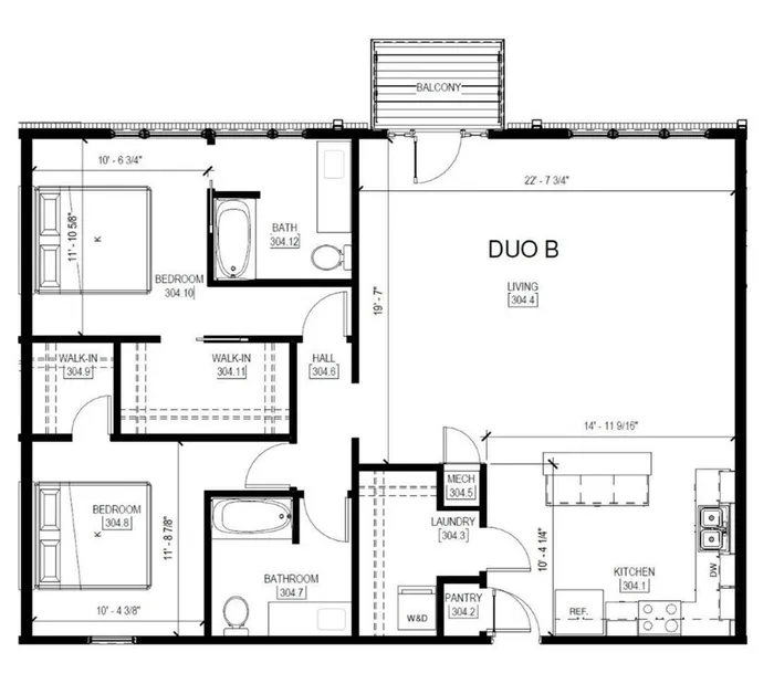 Modern floor plan named DUO B featuring 2 bedrooms, 2 bathrooms, spacious living area, open kitchen, and balcony.