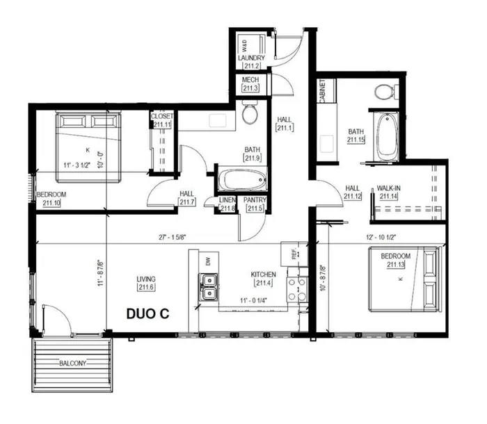 Inviting floor plan labeled DUO C showcasing 2 spacious bedrooms, open kitchen with dining area, cozy living room, 2 modern bathrooms, and private balcony.