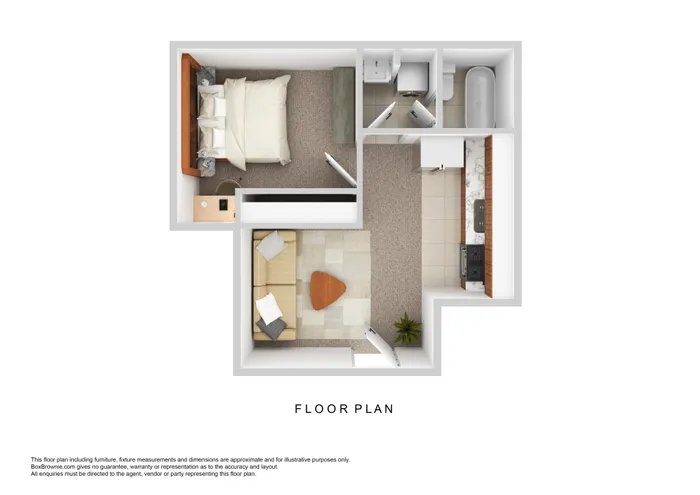 Contemporary floor plan displaying a spacious bedroom, cozy living area, modern kitchen, and elegant bathroom.