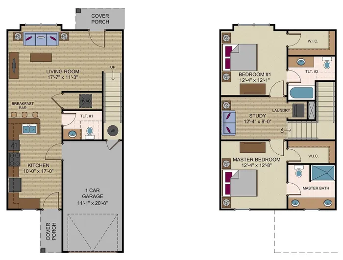 Modern 2-story floor plan with spacious living room, open kitchen with breakfast bar, 3 bedrooms including master suite, study, and a 1-car garage.