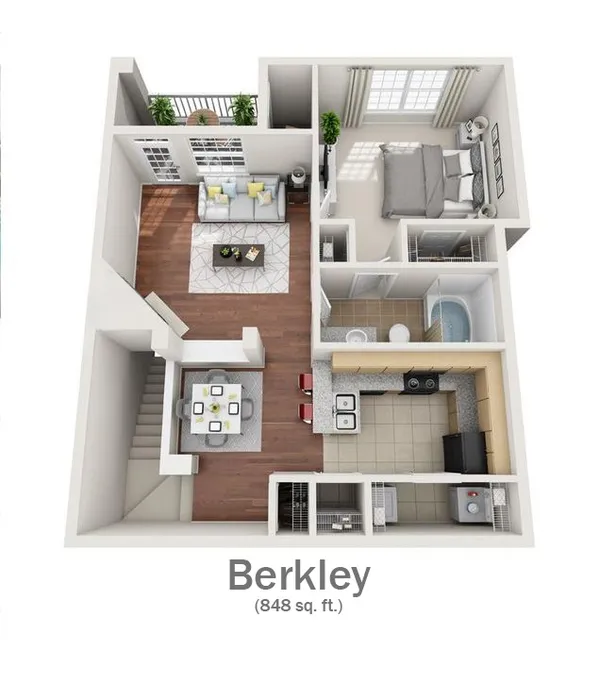 Berkley apartment floor plan with a spacious bedroom, cozy living room, modern kitchen, and elegant bathroom in 848 sq ft.