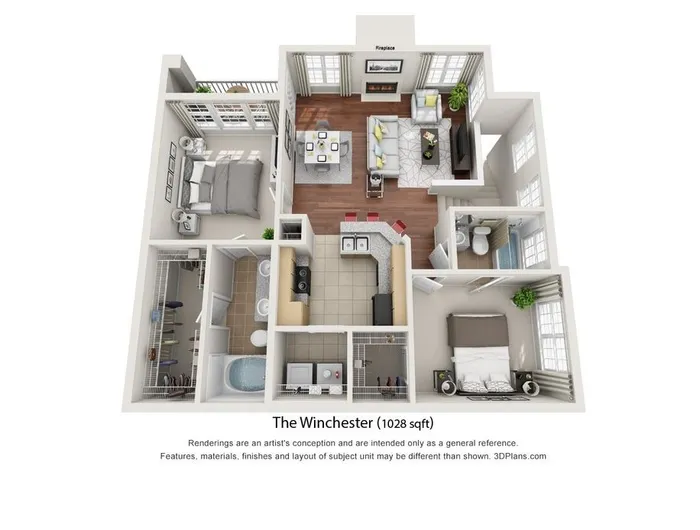 The Winchester floor plan showcasing 1028 sq ft of elegant living space, featuring two cozy bedrooms, a stylish open-concept living and dining area, a modern kitchen, and two luxurious bathrooms.