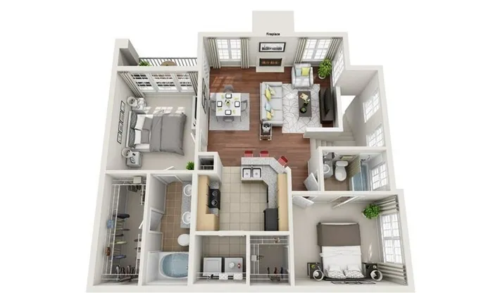 Modern 3D apartment floor plan featuring two bedrooms, a cozy living area with fireplace, open kitchen, and elegant dining space.