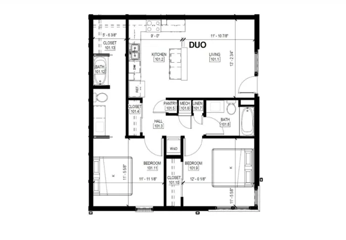 Modern DUO floor plan featuring 2 bedrooms, open kitchen with island, spacious living area, and 2 bathrooms with ample storage solutions.