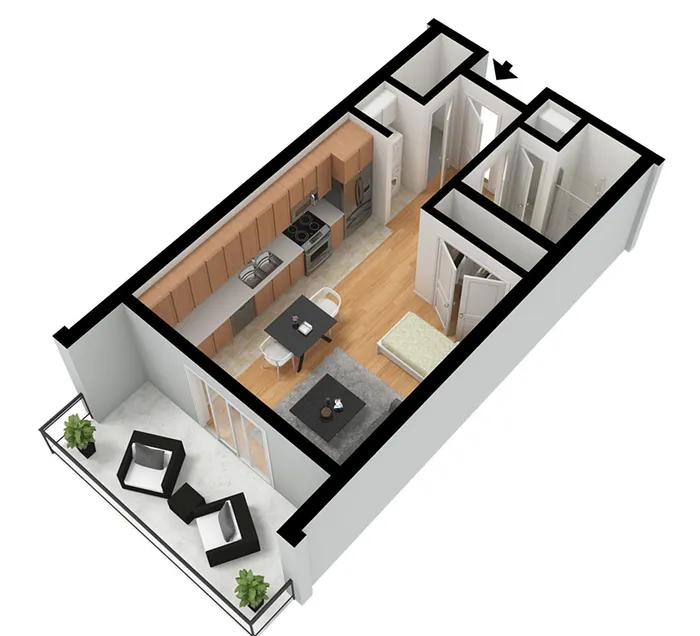 Modern 3D floor plan showcasing a cozy apartment with a sleek kitchen, inviting dining area, and a stylish open living space leading to a lovely balcony.