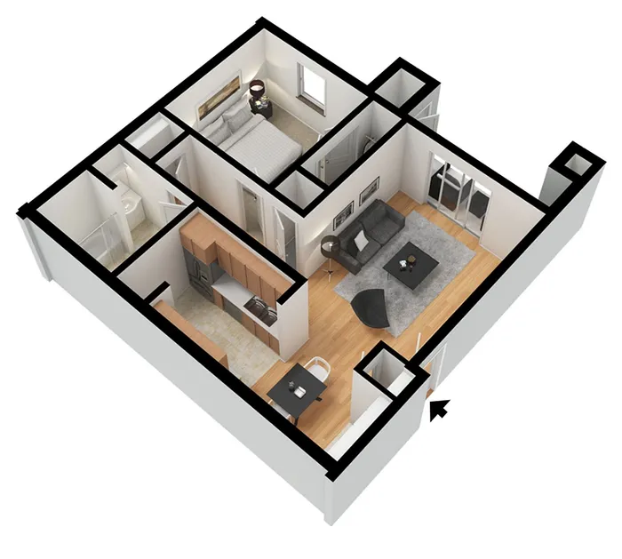 Charming 3D floor plan featuring a cozy 1-bedroom apartment with open-concept living and dining area, modern kitchen, and stylish bathroom.