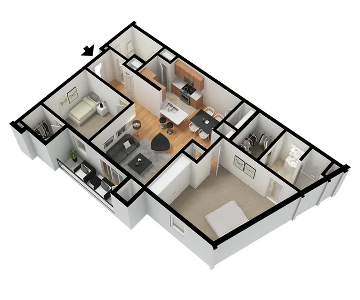Chic 3D floor plan of a modern apartment featuring 2 bedrooms, spacious living area, sleek kitchen, and cozy balcony.