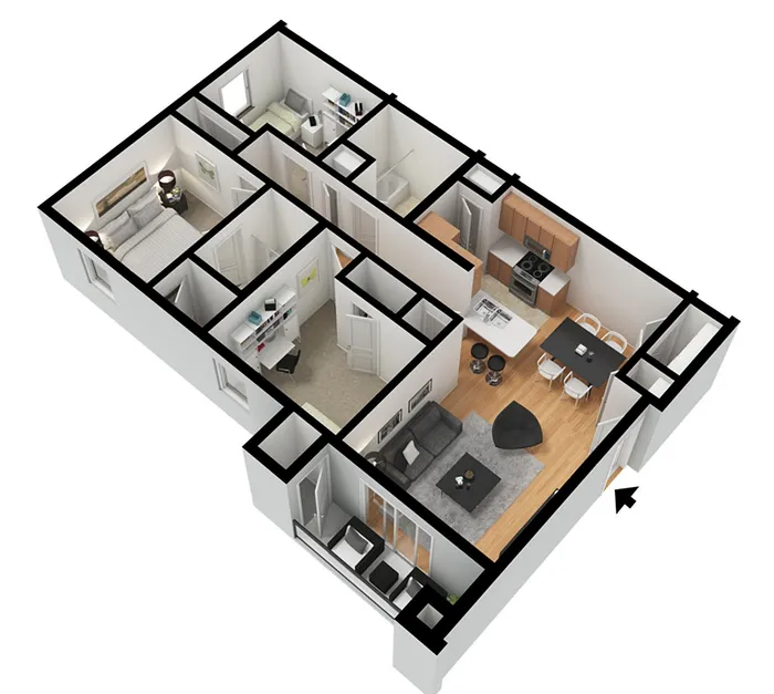 3D floor plan featuring two bedrooms, a modern kitchen, open-concept living and dining area, and a cozy office space.