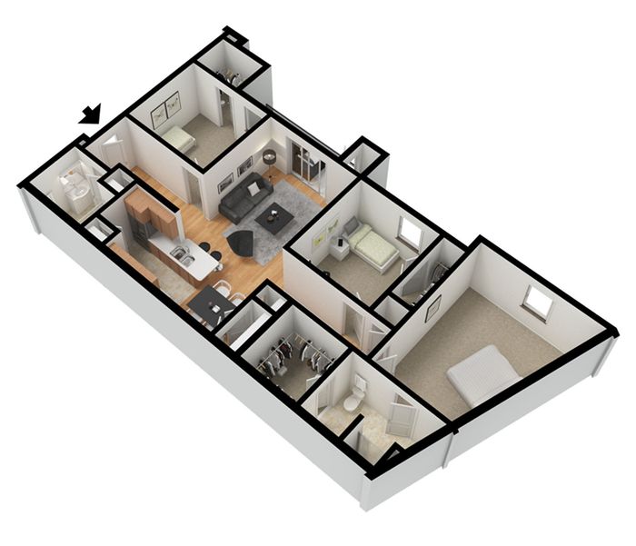 Spacious 3D apartment floor plan featuring three bedrooms, an inviting living room, a modern kitchen with bar seating, and two stylish bathrooms.