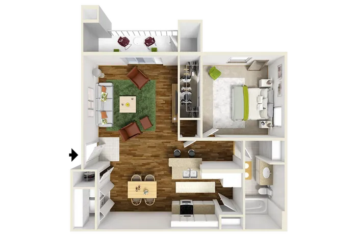 Modern open-concept floor plan with 1 bedroom, spacious living room, sleek kitchen, and cozy dining area.