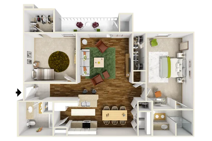 Chic modern 3D floor plan featuring two spacious bedrooms, open living room, stylish kitchen, and cozy balcony.