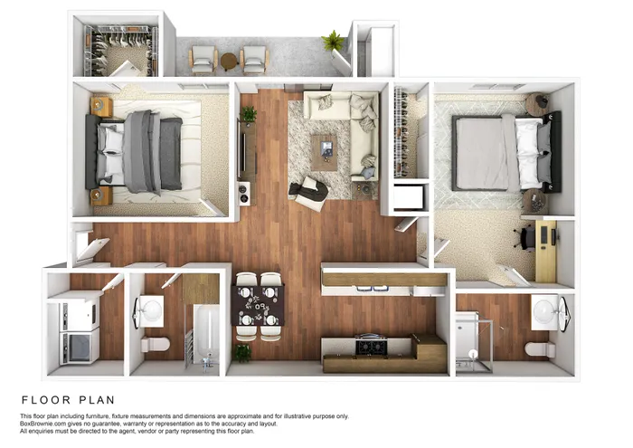 Modern floor plan showcasing 2 bedrooms, spacious living area, and a sleek kitchen with dining space. Perfect blend of comfort and style.