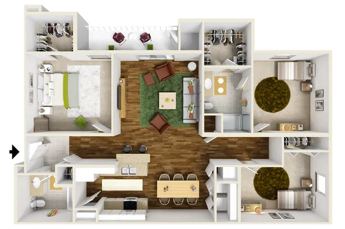 Modern 3D floor plan showcasing 3 bedrooms, open-concept living and dining area, and a sleek kitchen.