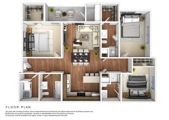 Modern floor plan with 3 spacious bedrooms, an open-concept living and dining area, sleek kitchen, and two stylish bathrooms.