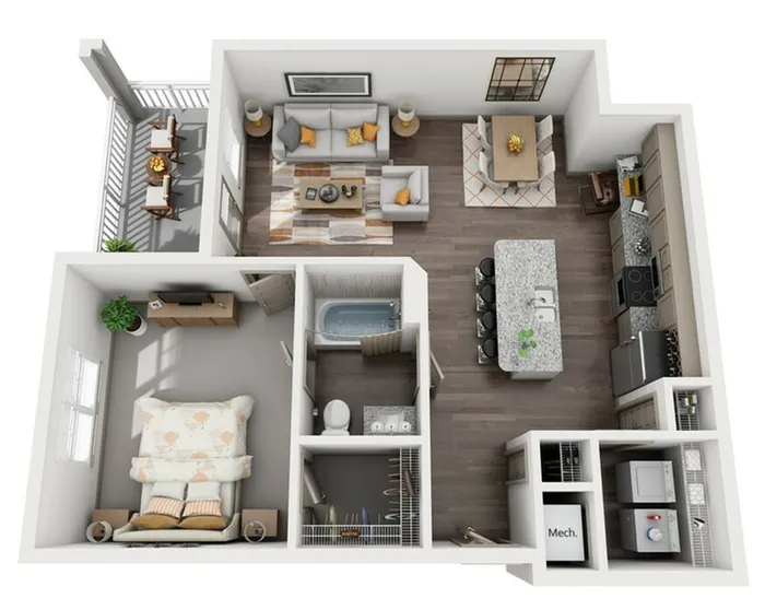Modern floor plan showcasing 1 bedroom, open living area with balcony, contemporary kitchen, and luxurious bathroom.