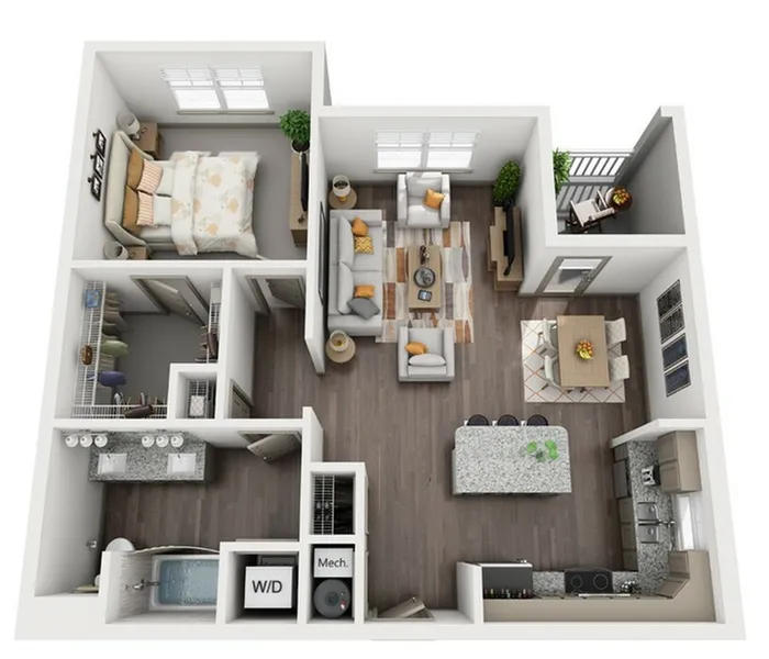 Chic and modern 3D floor plan showcasing a spacious 1-bedroom apartment with a stylish open-concept living area, contemporary kitchen with island, cozy living room, and elegant dining space. Includes a luxurious bathroom and a private balcony for outdoor relaxation.