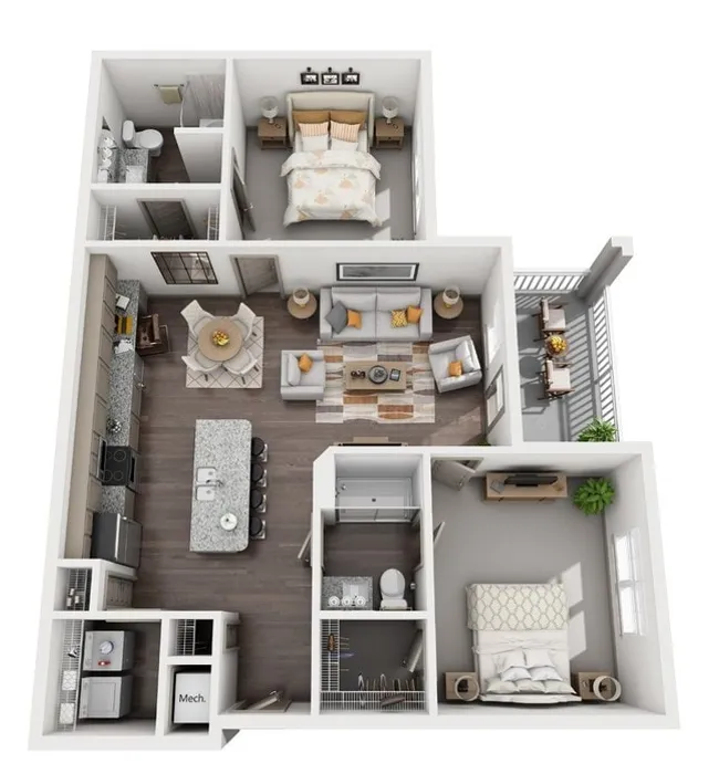 Contemporary 3D floor plan showcasing 2 elegant bedrooms, modern kitchen with island, spacious living area, and a charming balcony for outdoor enjoyment.